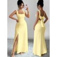 thumbnail image 3 of Pale Yellow Square Neck Sleeveless Textured Knit Maxi Dress With Open Back Bowknot, Elegant Fitted Party Gown, 3 of 8