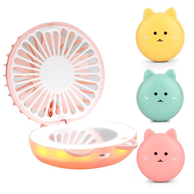Coofit Mini Fan Cute Cartoon Portable Fan Cooling Fan with Beauty Mirror & LED Light