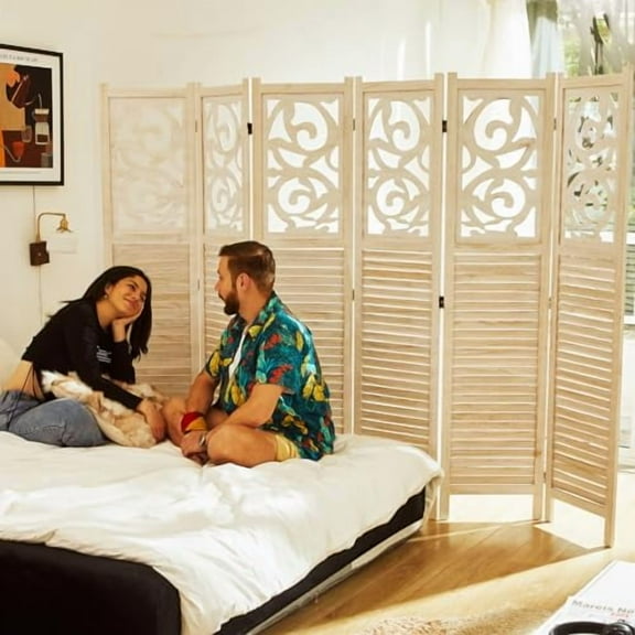 Folding Room Divider, 5.6Ft 6 Panels Wood Carved Privacy Screens, Free Assembled Freestanding Portable Reversible Functional Decorative Partition for Home Office Bedroom (White-Was