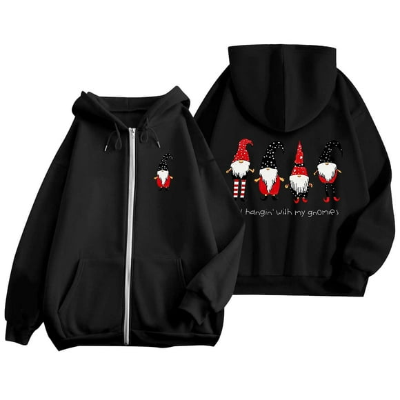 Women's Christmas Print Zippered Long Sleeve Hoodie with Pocket and Drawstring for Casual Athletic Wear