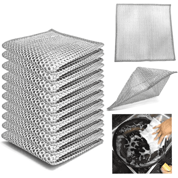 10 Pieces Double Layer Metal Wire Scratch Free Cloth  Dry and Wet Dual-purpose Metal Wire Dishwashing Cloth  Suitable for Kitchen Cleaning  Cookware  Tableware  Sink  Stove  Etc  Easy To Rinse