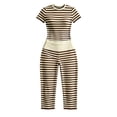 thumbnail image 4 of Holzkary Striped Two Piece Loungewear Set, Crew Neck Short Sleeve Slim Crop Top High Waist Capri Leggings Stretch Matching Outfit, Home Sleepwear Gym Training Clothes Summer Fall Outfits Brown L, 4 of 4