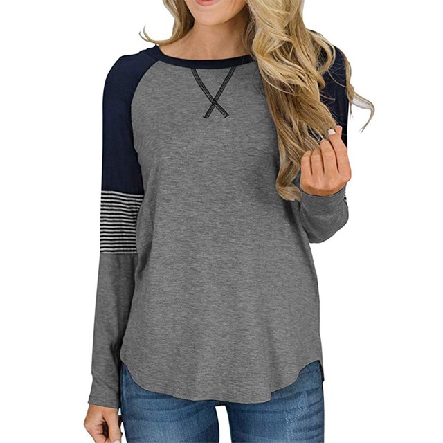 Txlixc Camiseta de crepe casual femenina, pullover de cuello redondo de manga larga a rayas de otoño e invierno Txlixc moda