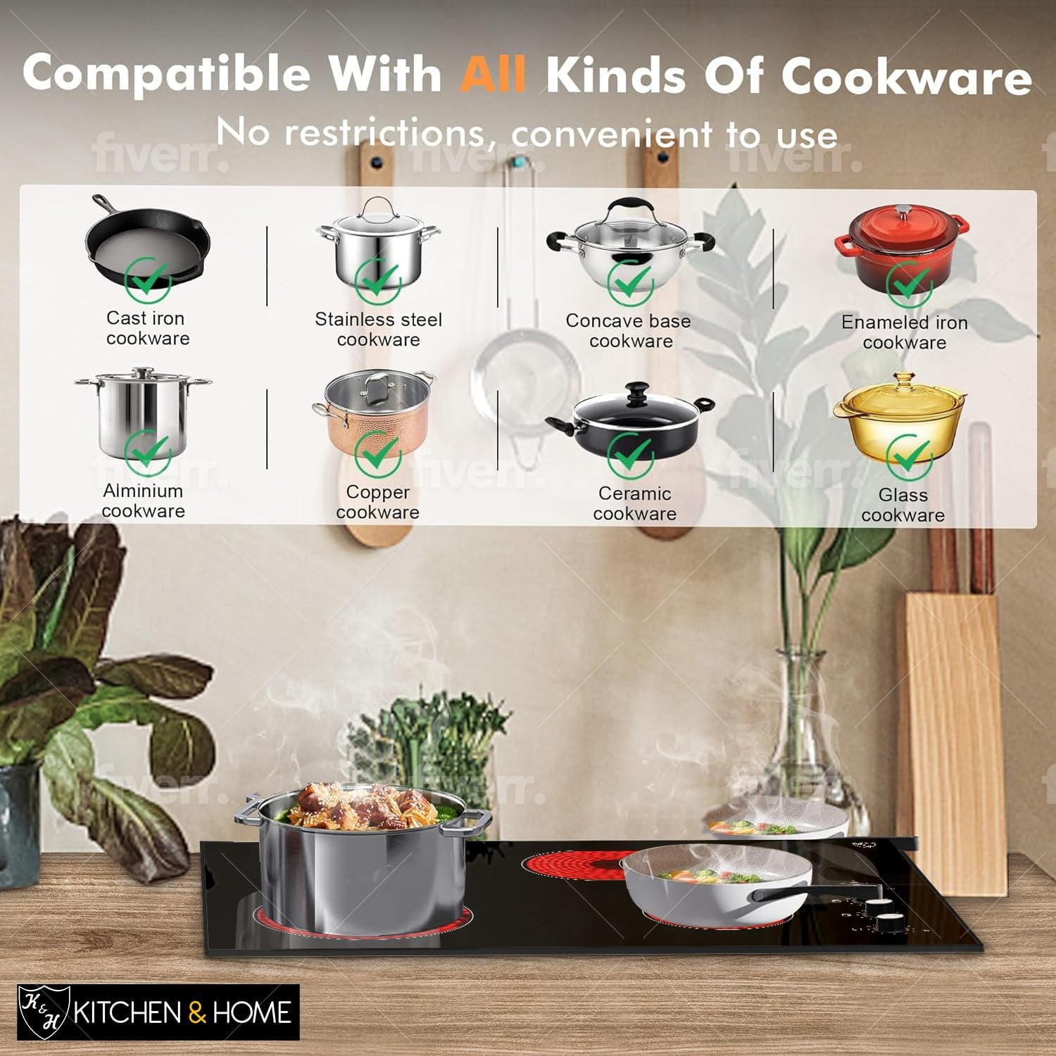 K&H German Designed 4 Burner 30 Inch Built-in Electric Stove Top Radiant Ceramic Kitchen Cooktop Knob Control 240V 7200W CE30-7206K