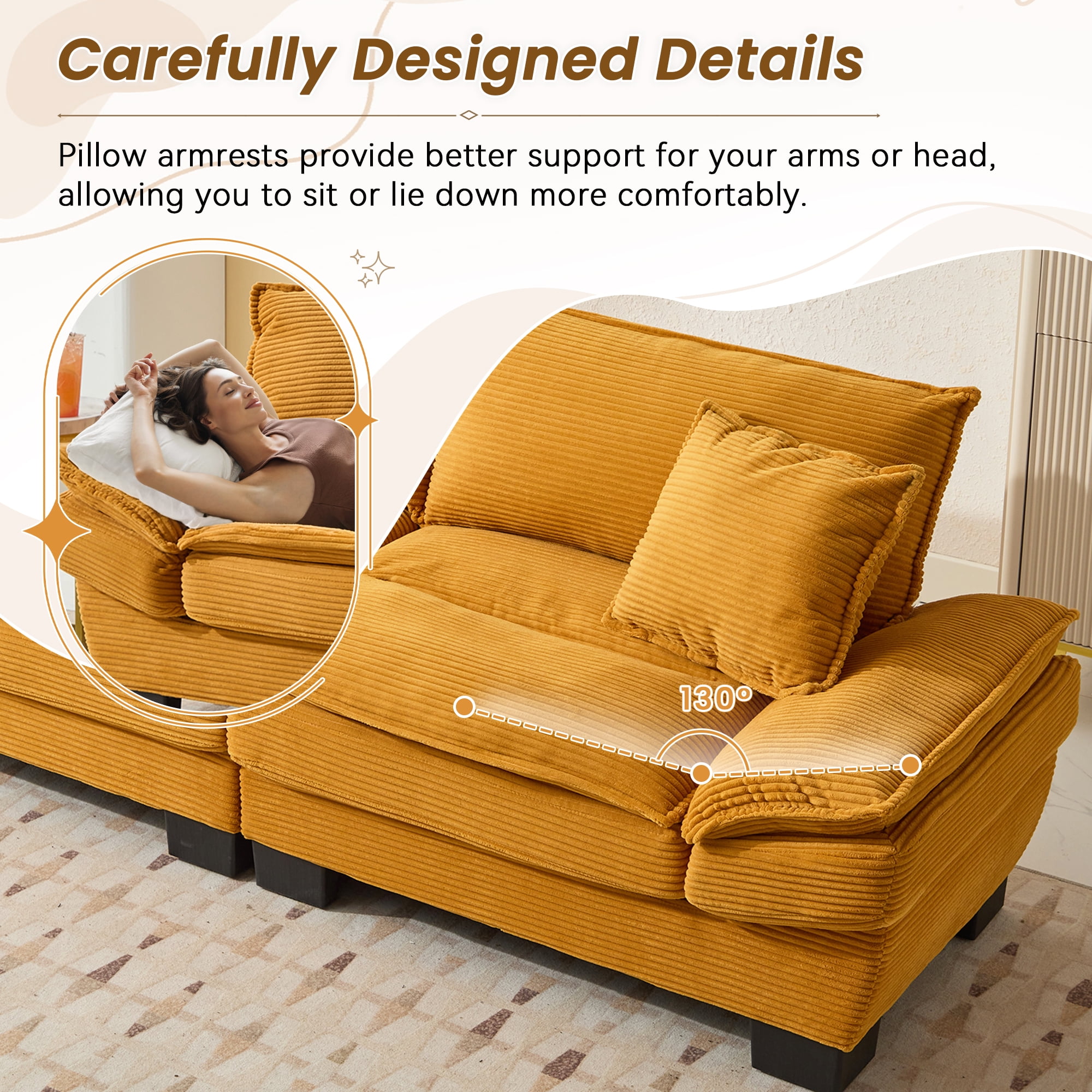 Dinosisco 84"L Deep Seat Sofa, Corduroy Upholstered Sleeper Couch for Living Room, Yellow