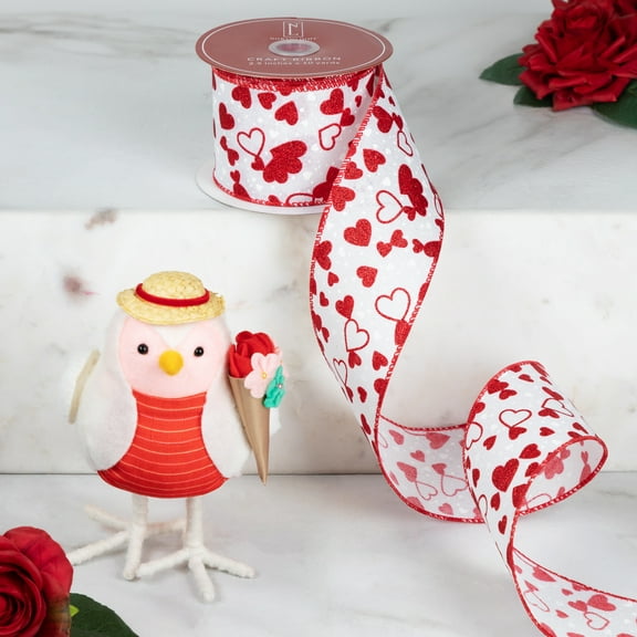 Northlight Glittered Hearts Valentine's Day Wired Craft Ribbon  -2.5" x 10 Yards - White and Red