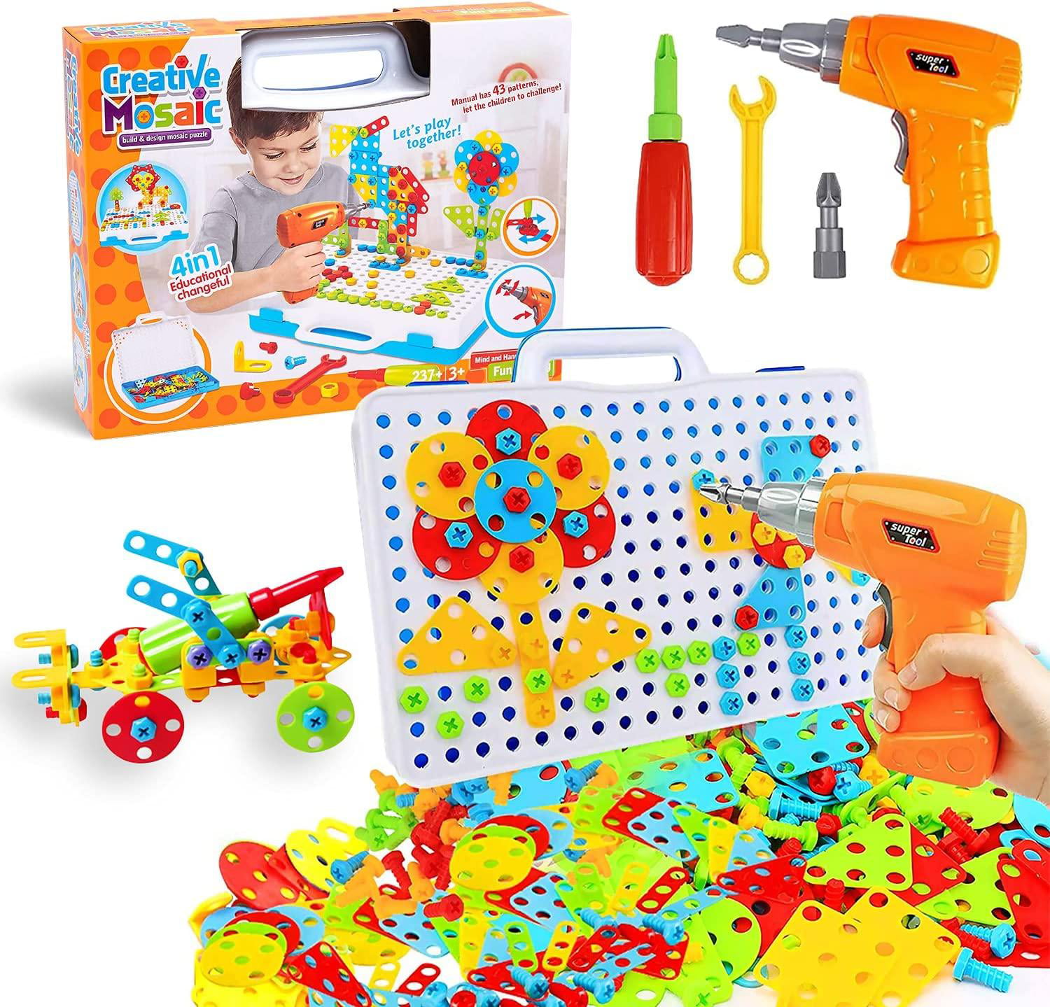 Pcs Electric DIY Mosaic Drill Puzzle Kit STEM Educational Toy for Boy and Girl 5 6 7 8 9 10 Year Old Creative Building Blocks Construction Game Tool Kit 245 