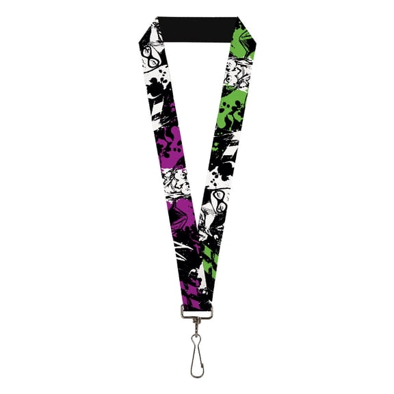DC Comics Lanyard, Joker Smiling Harley Quinn Eyes Splatter Black Purple Green, Elastic