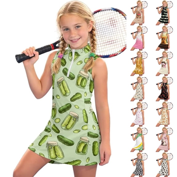 Gunia Girls Tennis Dress Golf Outfit 1/4 Zip Quick Dry Sleeveless Zip Dress With Playful Print Kids Summer Girl Dress With Stand Collar Comfortable Sundress Green Dress For Girls 4-15 Years