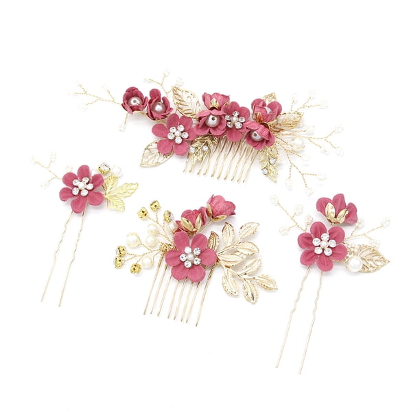 Minnieouse Conjunto de 4 piezas de peinetas de flores para boda, tocado elegante para mujer, hermoso tocado de novia, accesorio de joyería de moda Accesorio para el cabello Rosa roja Minnieouse AP012181-05