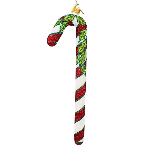 10.25 " Holly Leaf Candy Cane - 1 Ornament 10.25 Inch, Glass - Ornament Sweet Candies 09763