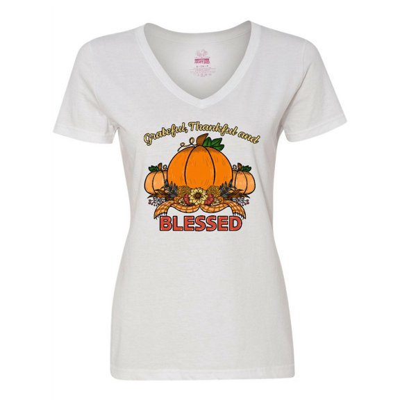 Inktastic Thankful Grateful and Blessed Pumpkins and Sunflower Women's V-Neck T-Shirt