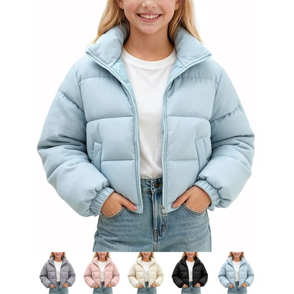 Zeophrasy Girls Crop Puffer Jacket Quilted Winter Coat Full Zip Stand Collar Lightweight Warm Windproof Short Padded Outerwear for Kids