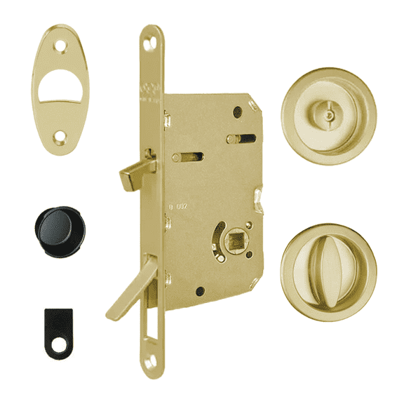 AGB Scivola Tre Sliding Pocket Door Lock Case Privacy (WC) w/ Round Pull Handles, Polished Brass