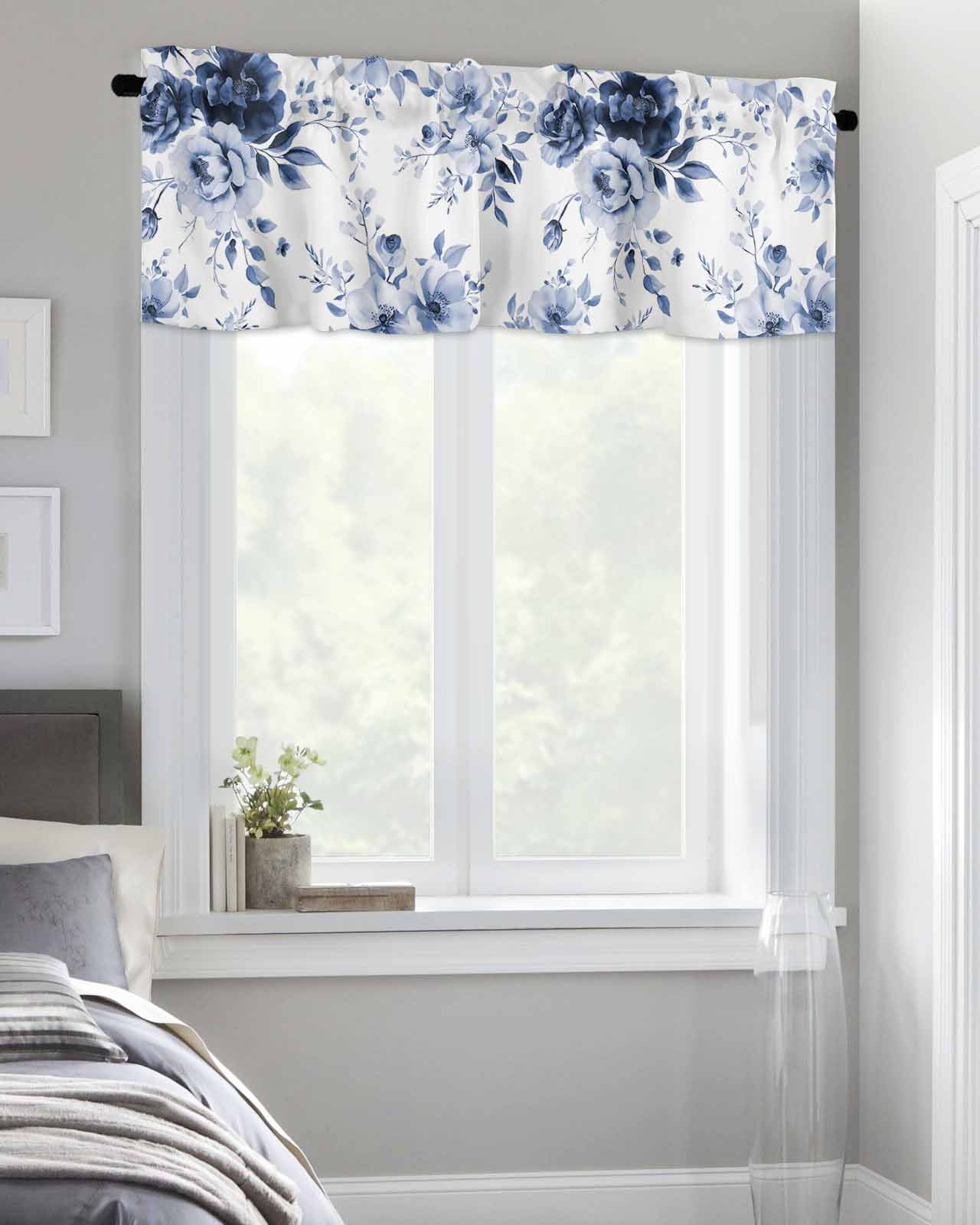 Booming Blue Gradient Floral Curtain Valances for Kitchen Windows,Rod Pocket Short Valance Watercolor Flowers on White Window Treatment for Living Room Bathroom Bedroom,54" x 18"-1 Panel