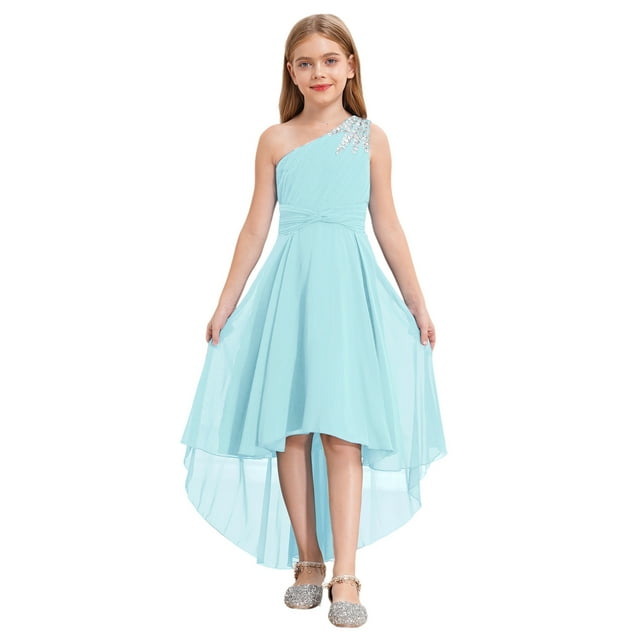 Oyolan Robe de Demoiselle d'Honneur Junior pour Fille, Perles, une Épaule, Ligne A, Mariage, Concours, Fête, Robe de Bal, Bleu Pâle, 16