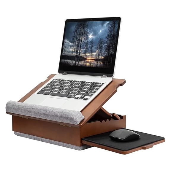 Wooden Tilting Lap Desk for Writing, Drawing, Laptop Work, and More, Height Adjustable Compact Table with Slide-Out Mouse Pad, Internal Storage, Wrist Support, Dark Wood, SX-LAPD-1