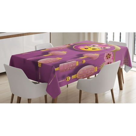 

Emoji Tablecloth Chinese Ornamented Artwork with Floral Boho Rabbit and Kissing Funny Face Rectangular Table Cover for Dining Room Kitchen Decor 52 X 70 Pale Purple Mustard by Ambesonne