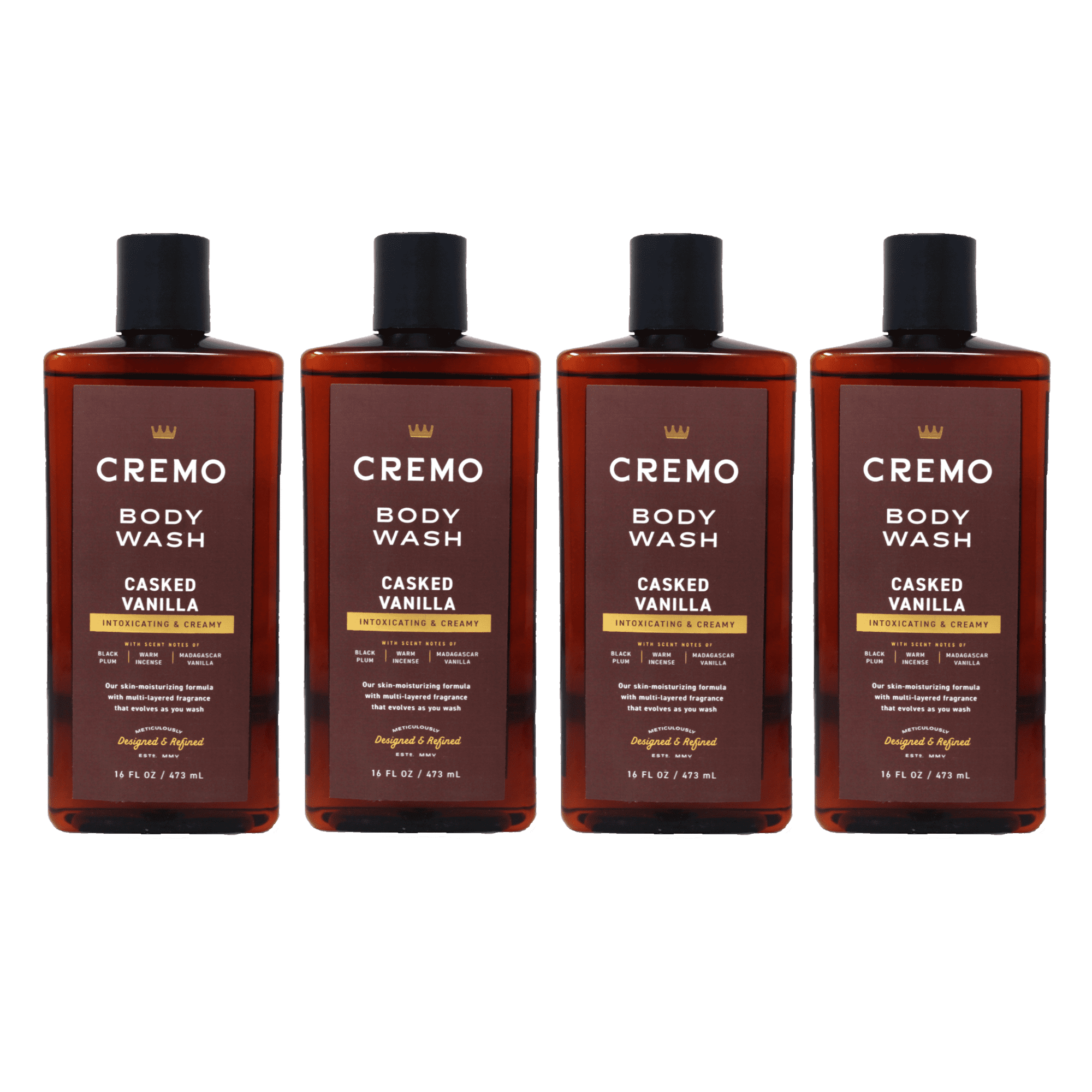 Cremo Casked Vanilla Body Wash for Men, Rich-Lathering Shower Gel, Black Plum, Warm Incense & Madagascar Vanilla Scent, 16 fl oz Pack of 4