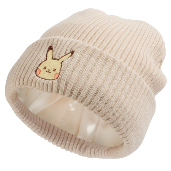 Pokemon Ribbed Knit Embroidered Pikachu On Natural Satin Lined Cuff Beanie