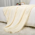 thumbnail image 5 of Flannel Fleece Blanket With Pompom Fringe Solid Microfiber Plush Decorative Blankets for Sofa Couch Chair Cream White Full(70"*78"), 5 of 8