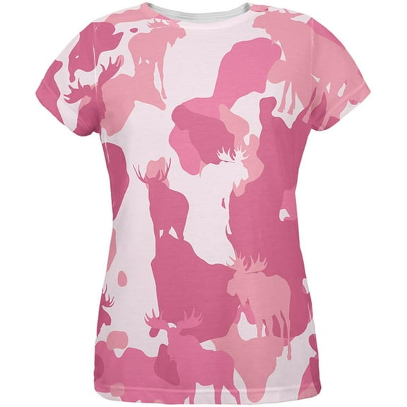 Moose Pink Camo All Over Womens T-Shirt - Medium