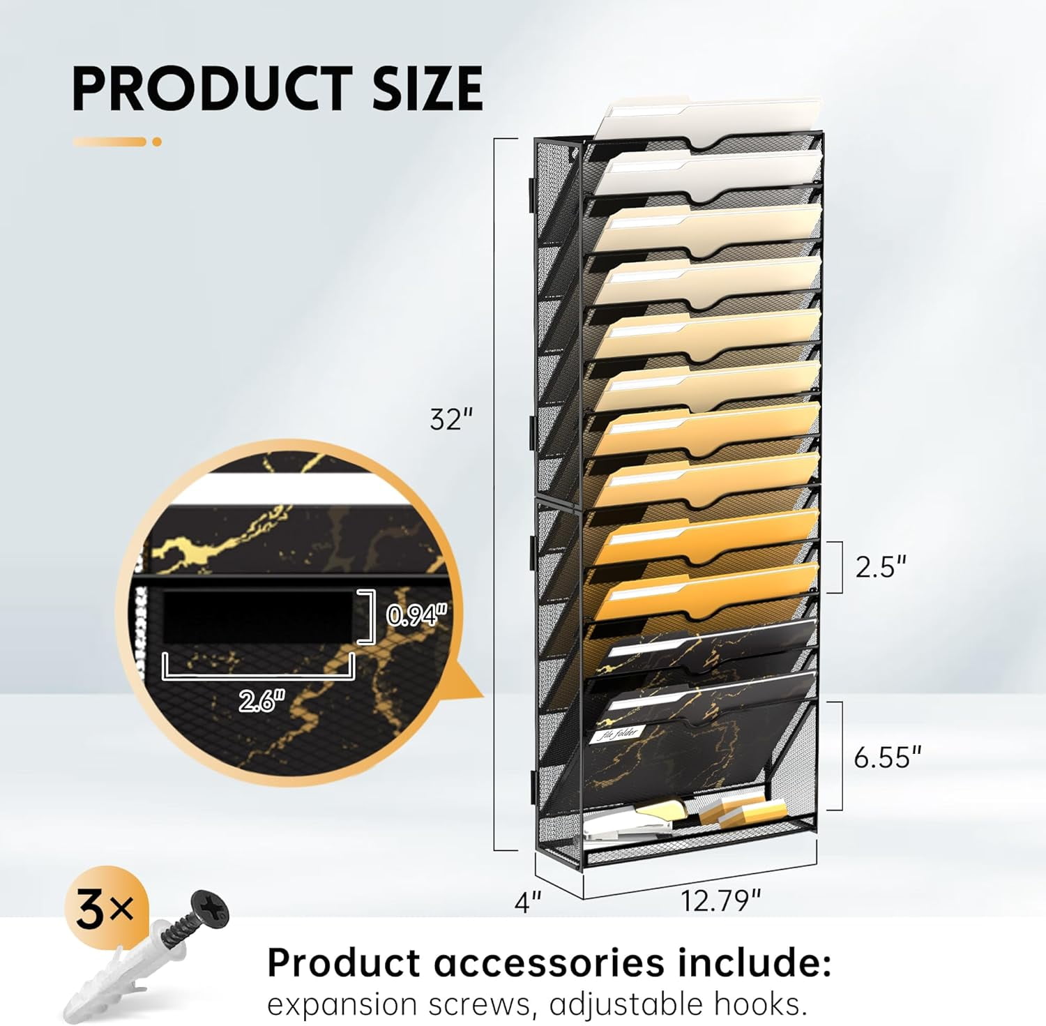 INTIGE 13-Tier Wall Metal File Organizer, Hanging Paper Organization, Black, Screw Mount