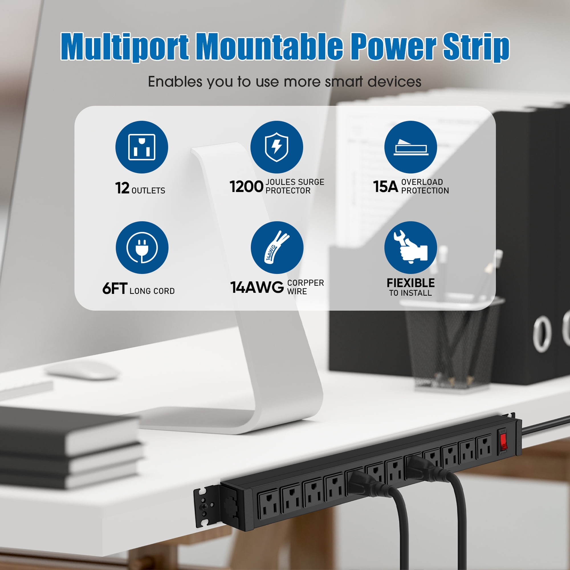 VILONG 12-Outlet Power Strip with Rotating Mount, Surge Protector Wall Mount, 6ft Extension Cord – for Garage, Workshop & Home Office (Black, ETL Certified)