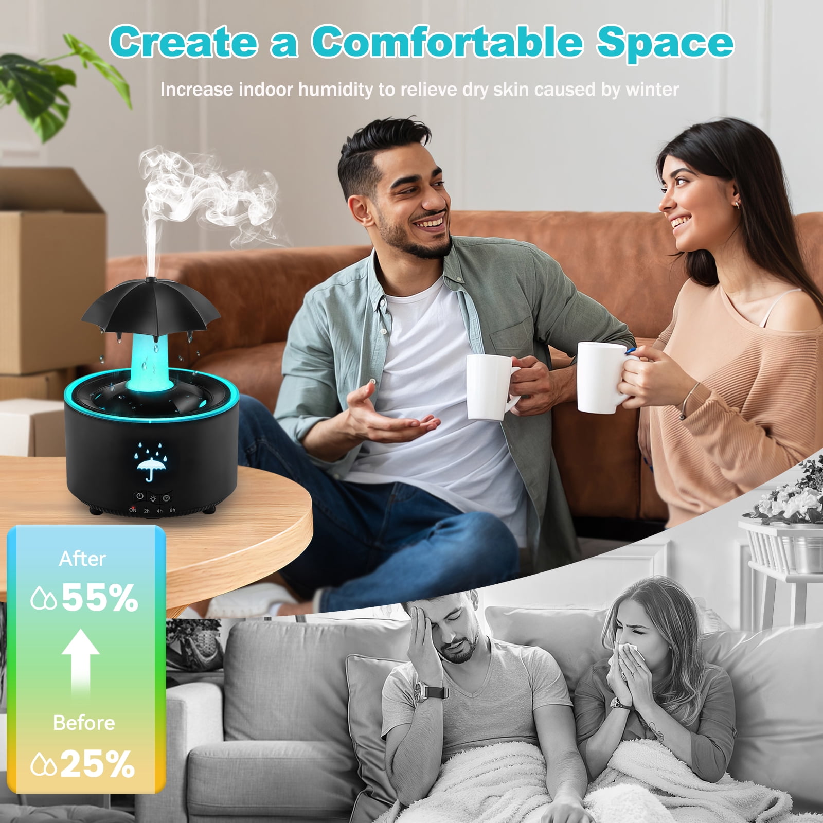 Humidifier for Bedroom, 7-Color Rotating Umbrella Diffuser with Rain Drop Effect, 300ML Small Humidifier Aroma Diffuser with Remote & Timer, Funny Rain Humidifier Gift for Kids Teen Women