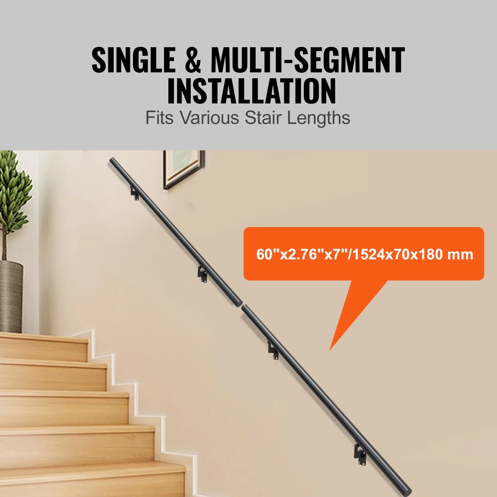 VEVOR 5 ft Wall-Mount Handrail Stair Railing Aluminum Alloy w/ Installation Kit