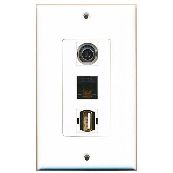 RiteAV - 1 Port USB A-A and 1 Port 3.5mm and 1 Port Cat6 Ethernet Black Decorative Wall Plate Decorative