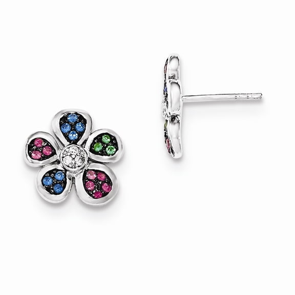 Sterling Silver With Simulated Stones and Cubic Zirconia Post Earrings - Measures 12x13mm Wide