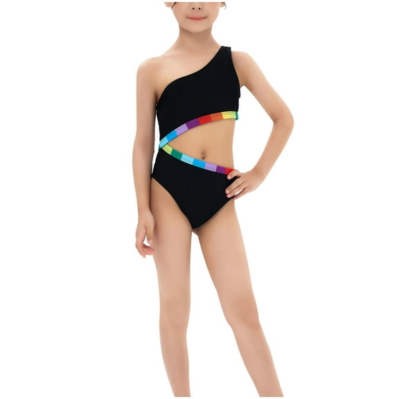 Odeerbi Kids Girls One Shoulder Cutout Swimsuit High Waist One-piece Swimwear 2025 Fashion High Waist Backless Swimsuit Set One-piece Bikini Set Black 10-12 Years