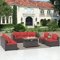 thumbnail image 2 of ALAULM 10 Piece Weatherproof Outdoor Conversation Sets with Propane Fire Pit Table and Sofa, Brown/Red, 2 of 9