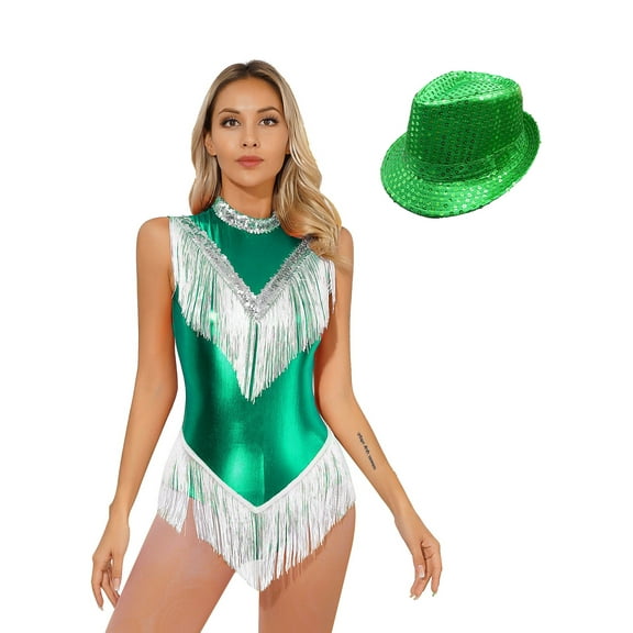 Yhong Womens Shiny Fringed Dance Leotard Jazz Latin Tango Dance Dress Cheerleading Costume with Hat Green M