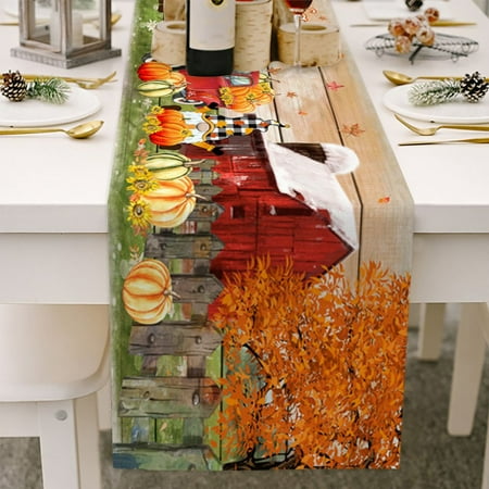 

Linen Burlap Table Runner Pumpkin Thanksgiving 13 x 70 Inches Dresser Scarves for Farmhouse Holiday Table Decor Wedding Party Gift Catering Events Fall Season Harvest Gnome Wooden Plank