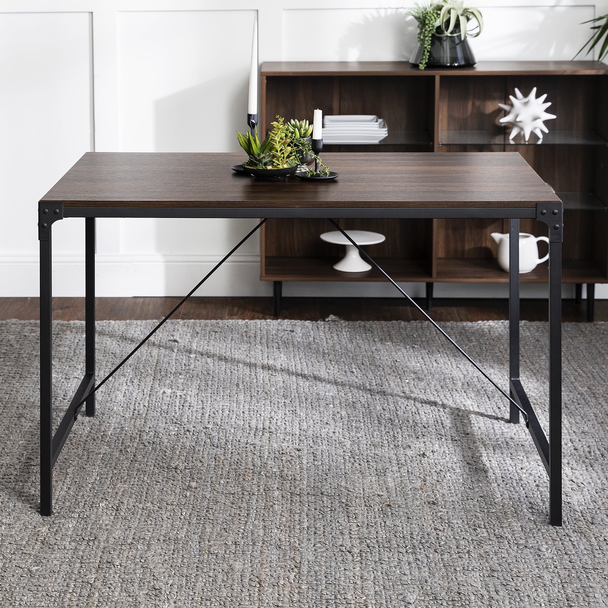 Woven Paths 48" Angle Iron Rustic Wood Dining Table, Dark Walnut