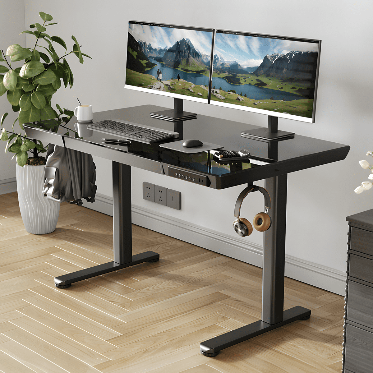 INNOVAR 48" Glass Top Standing Desk with 1 Drawer,Home Office Electric Sit to Stand up Tempered Glass Desk, Adjustable Height Rising Black Computer Work Desk with Power Outlet and USB Ports