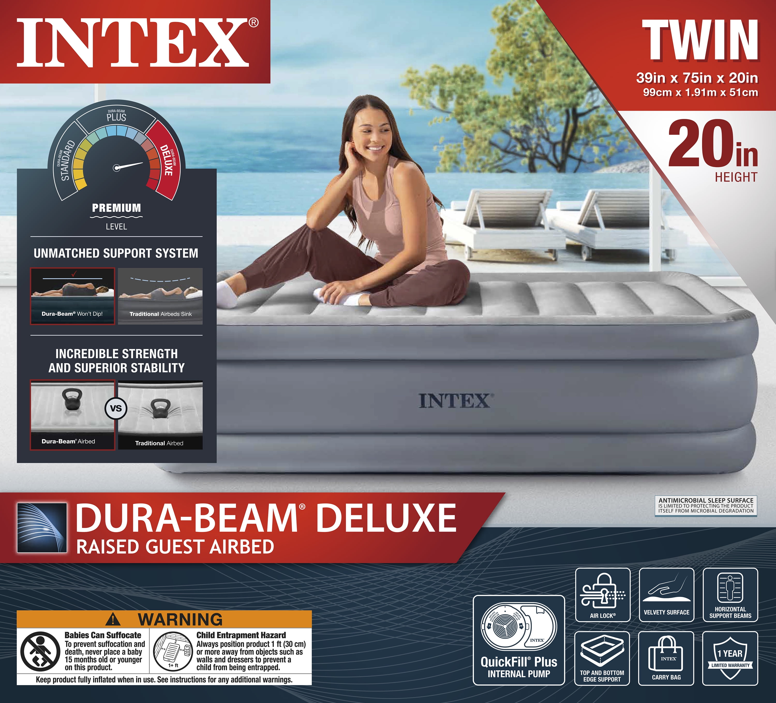 Intex 20" Twin Dura-Beam Deluxe Raised Air Bed Mattress with Built-in Pump