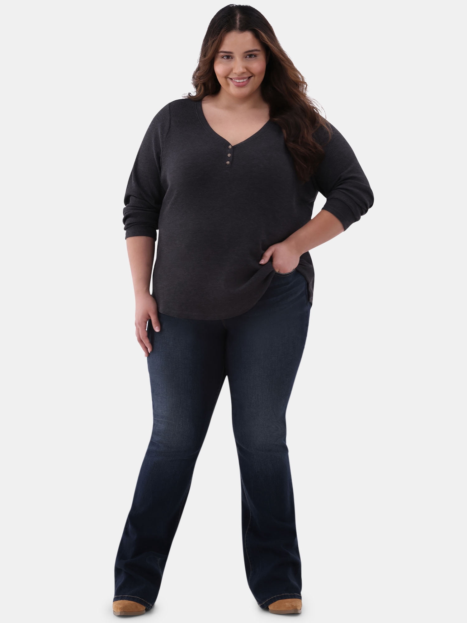 Terra & Sky Women's Plus Thermal Henley Top, Available in 1 and 2-Pack, Sizes 0X-5X