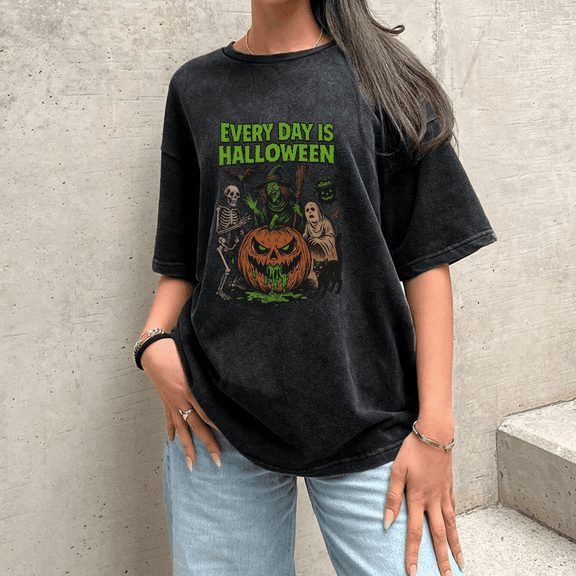 Halloween Water Washed "Every Day is Halloween" print Season short-sleeved round-neck casual Black S-2XL Plus Size