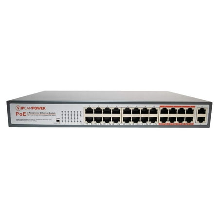 IPCamPower 24 Port POE Network Switch W/ 2 Gigabit Uplink Ports | Extend Mode Allows for 800' Cable Runs | POE+ Capable of Pushing 30 Watts per Port | 250 Watts Total (Best Way To Run Network Cable Through House)