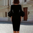 thumbnail image 4 of Karymi Dresses for Women Elegant Solid Midi Sheath Dress, Crew Neck Tiered Bell 3/4 Sleeve Slim Fitting Knee Length Formal Party Wedding Guest Dress, 4 of 6