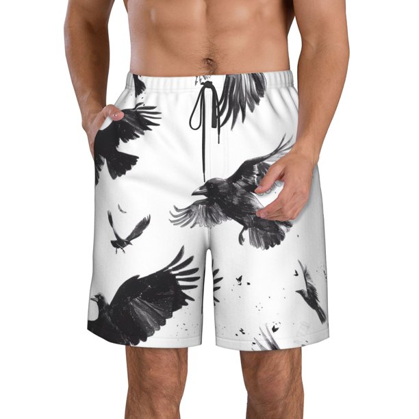 Fotbe Monochrome Flying Ravens Trajes de Baño Estampados para Hombre, Shorts de Verano de Secado Rápido, Ropa de Playa, Bañadores-Large