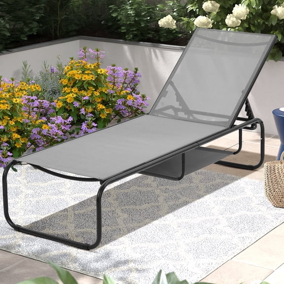 Ainfox Patio Lounge Chair, Recliner with Adjustable 5-Position and Storage, Outdoor Chaise Lounge for Beach,Poolside,Grey