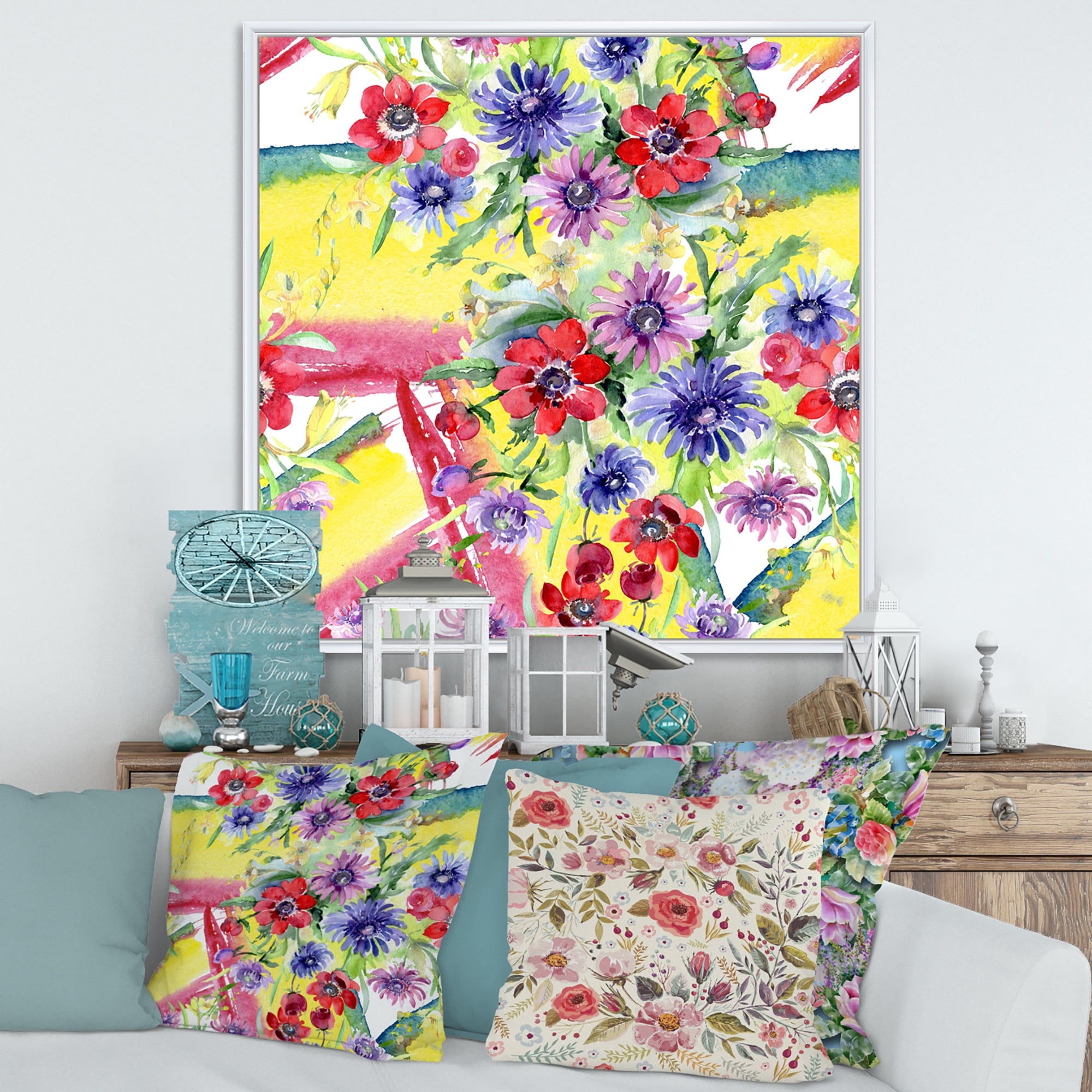 Wildflowers and Vibrant Wild Spring Leaves V 36 in x 36 in Framed Painting Canvas Art Print, by Designart