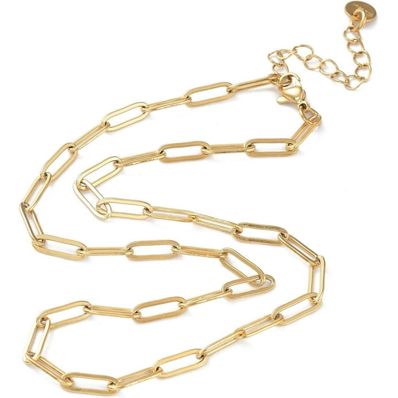 Real 18K Gold Plated Paperclip Chain Necklace 16.34 Inch Ion Plating (IP) 304 Stainless Steel Adjustable Length for Women