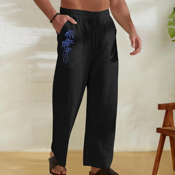 Pantalones largos para hombre, de lino y cintura elástica, transpirables, cómodos, suaves y casuales para playa, pantalones largos de poliéster para hombre.