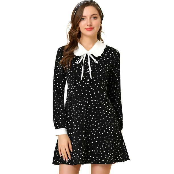Vestido camisero vintage de manga larga con cuello Peter Pan y lunares para mujer Negro XL