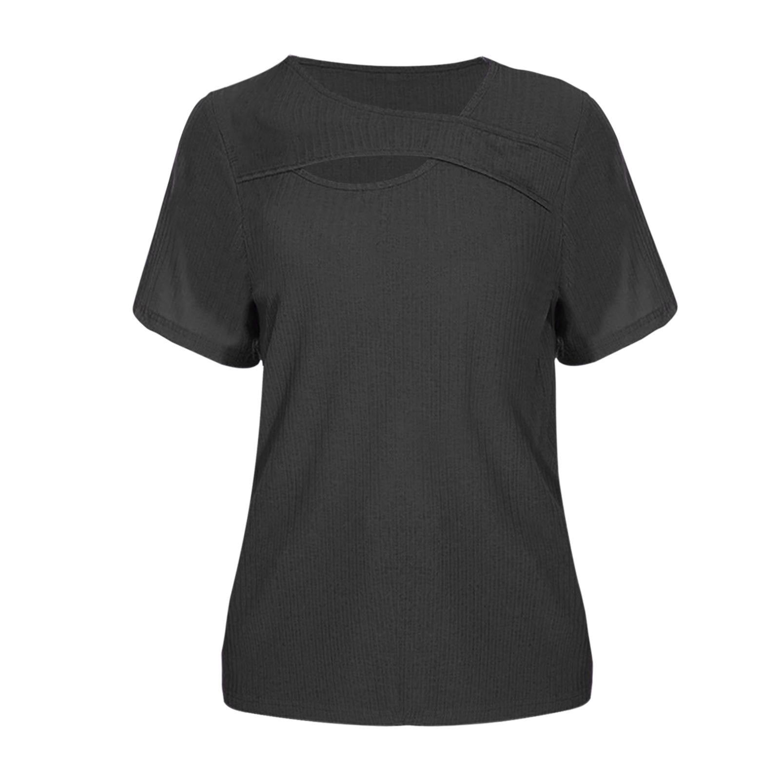 Vedolay Shein Tops For Women Summer Women 2023 Cotton Linen Tshirt Tops Casual Loose Fit Trendy Flowers Tunic Tees Short Sleeve Button Blouses,Black XXL